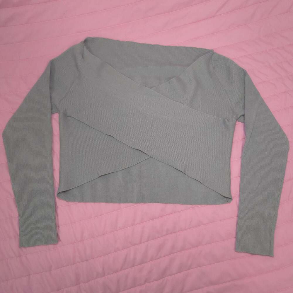 SHEIN Curve 2XL Gray Ribbed Cotton Cross Wrap Long Sleeve Cropped Top